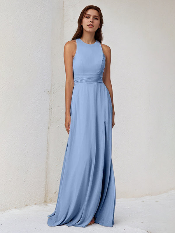 A Line Chiffon A Line Scoop Neck Sleeveless Floor Length Bridesmaid Dress