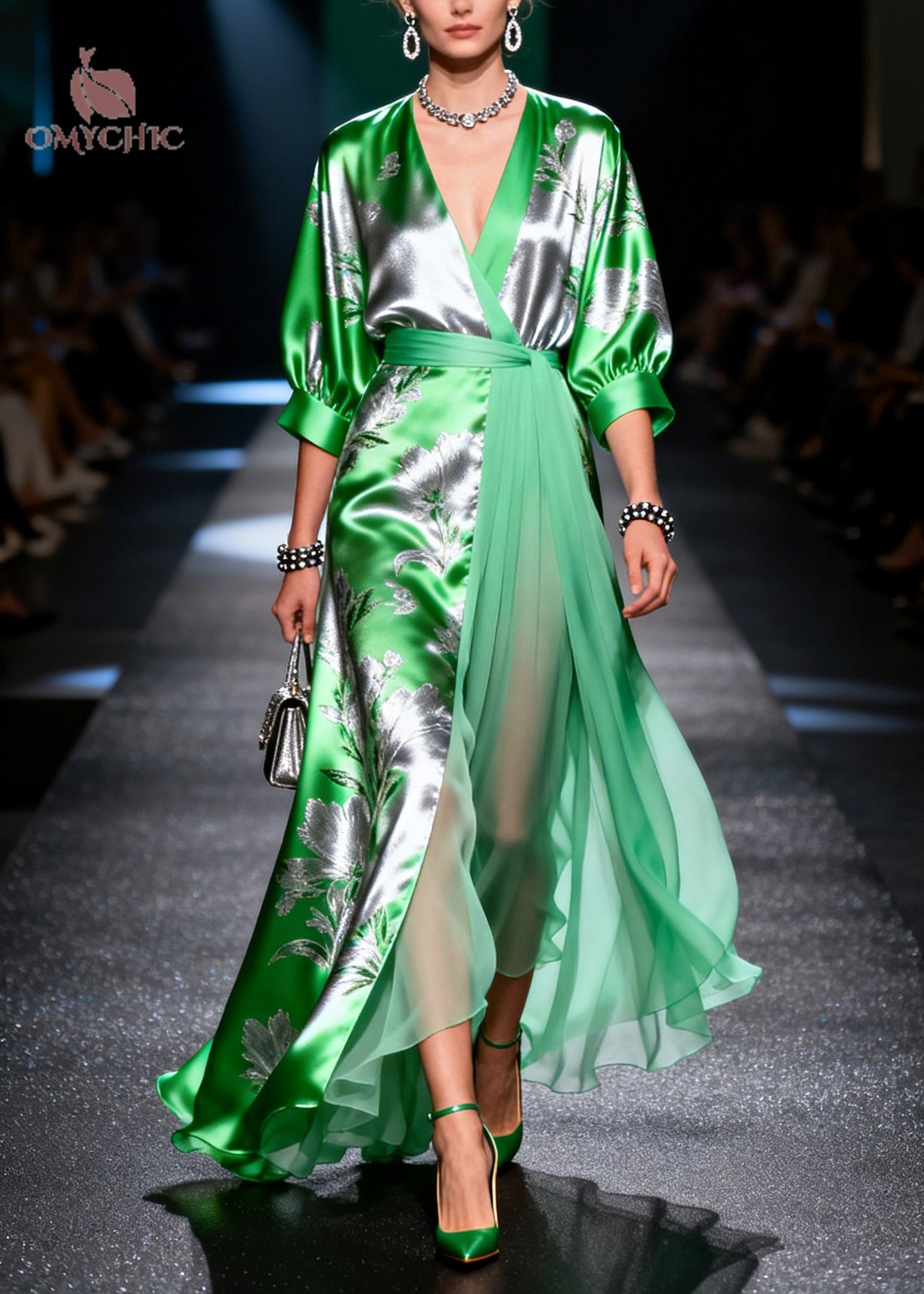 Fine Grass Green Jacquard Patchwork Low High Design Chiffon Maxi Dress Summer