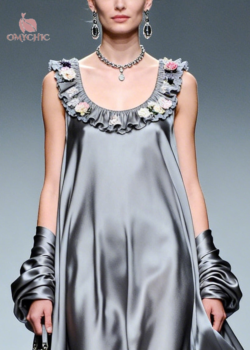 Fine Grey Ruffled Exra Large Hem Silk Party Dress Summer