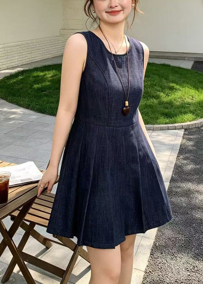 Fine Navy O-Neck Wrinkled Cotton Day Dresses Sleeveless
