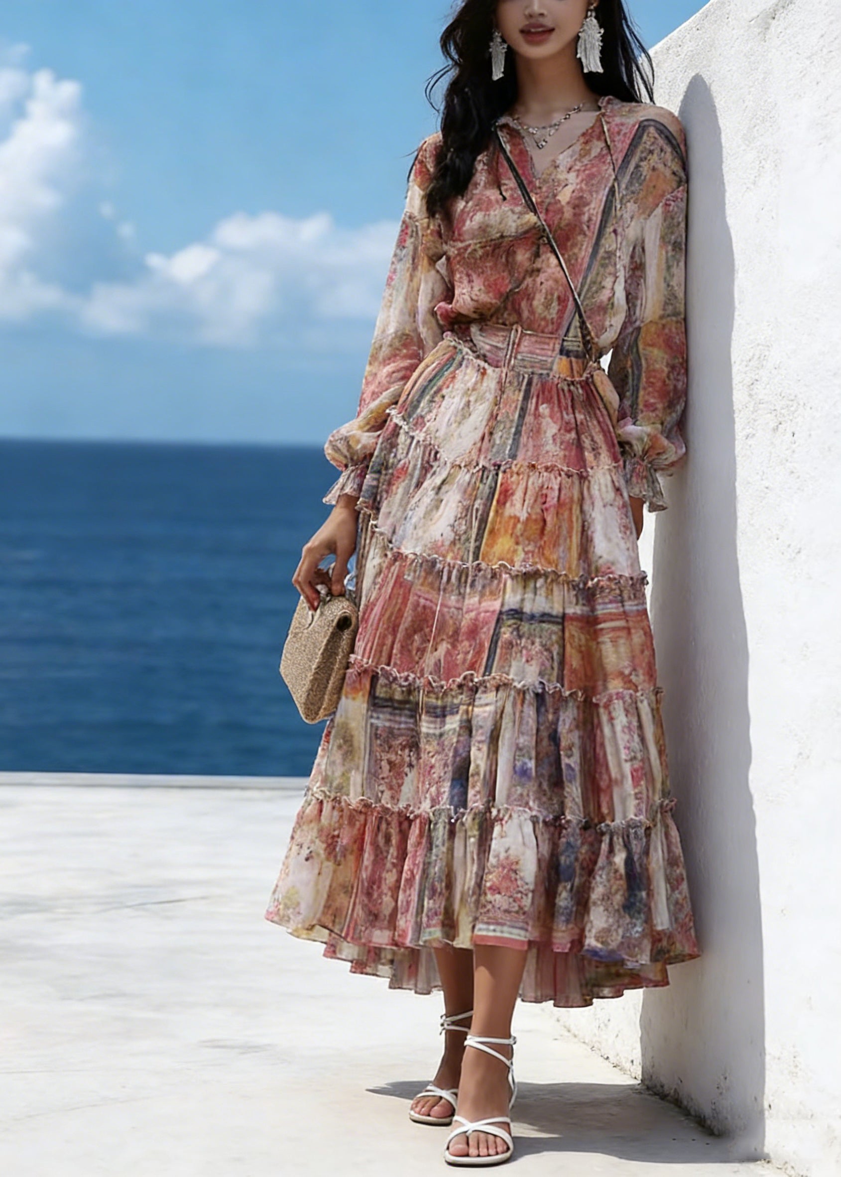 Fine Orange V Neck Print Tunic Chiffon Long Dresses Lantern Sleeve