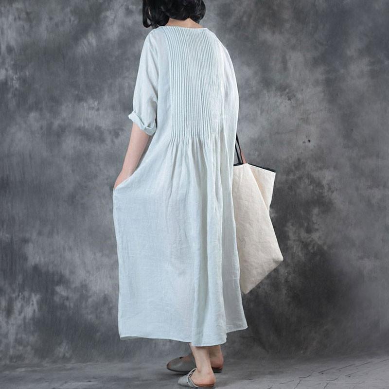 Fine Long Linen Dress Loose Fitting Solid Loose Folded Pocket White Dress