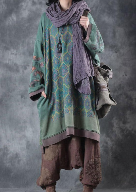 Green Print O Neck Midi-length Cotton Dress