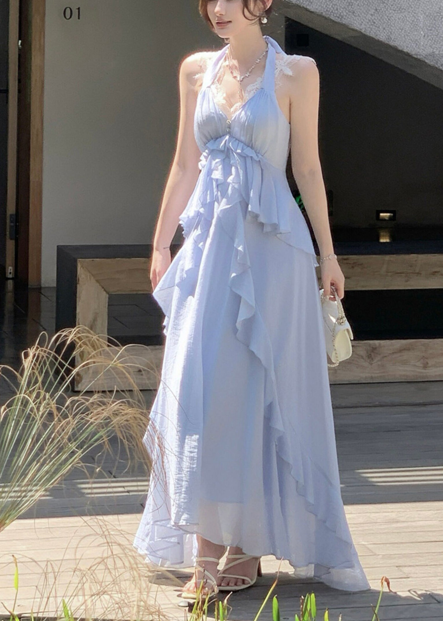 Fitted Blue Ruffled Exra Large Hem Cotton Halter Holiday Dresses Summer