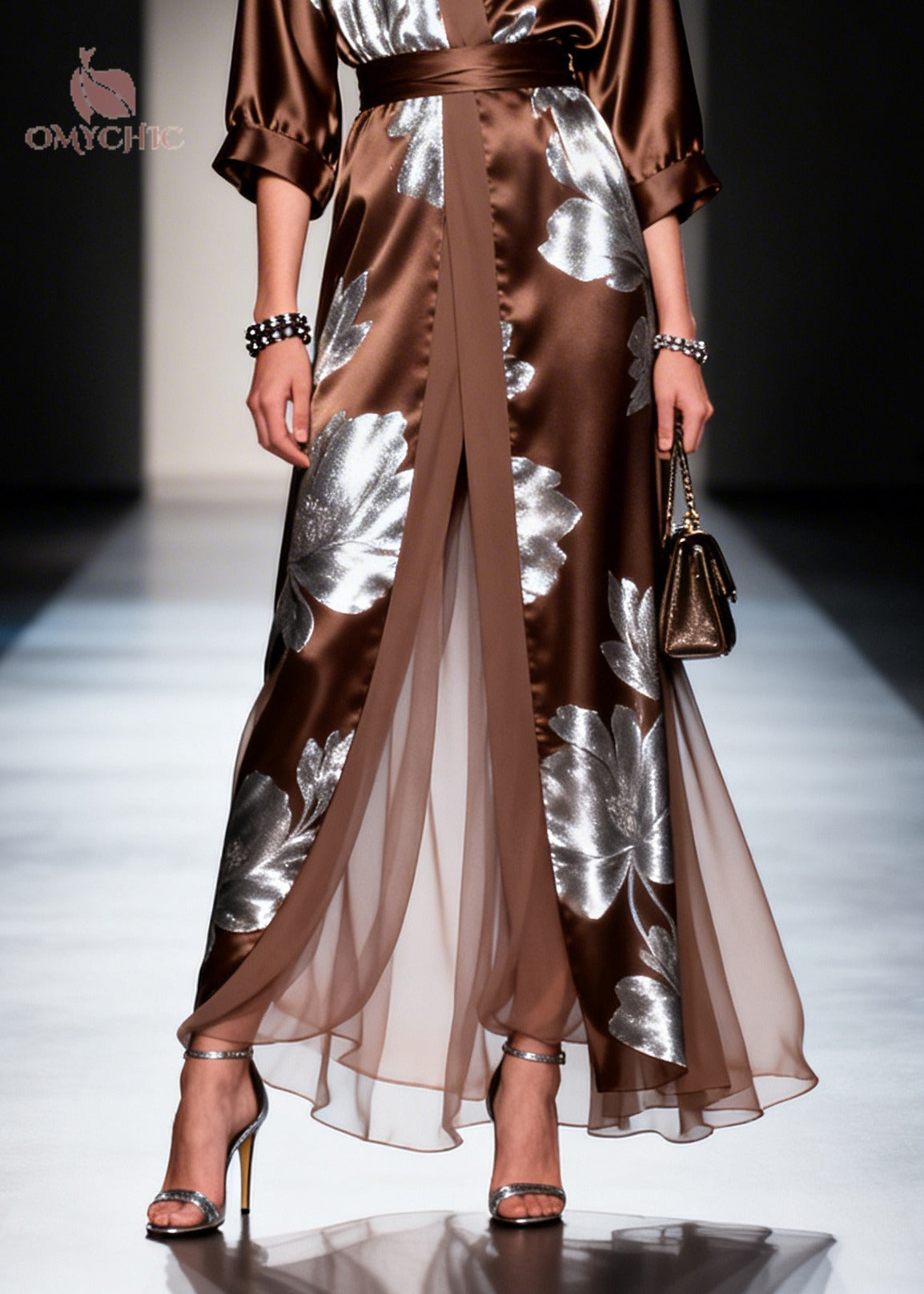 Fitted Chocolate Print Patchwork Silk Long Dress Summer