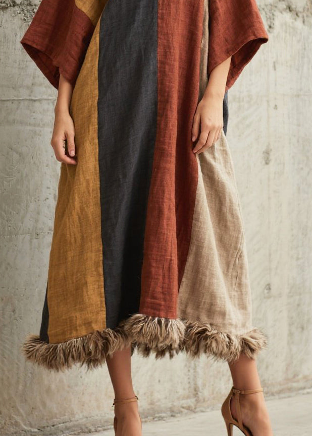 Fitted Colorblock Oversized Patchwork Faux Fur Maxi Dress Batwing Sleeve