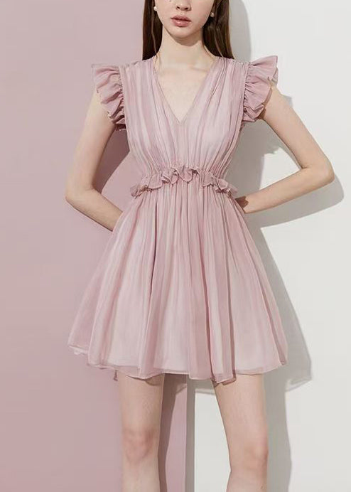Fitted Pink Ruffled Chiffon Day Dress Summer