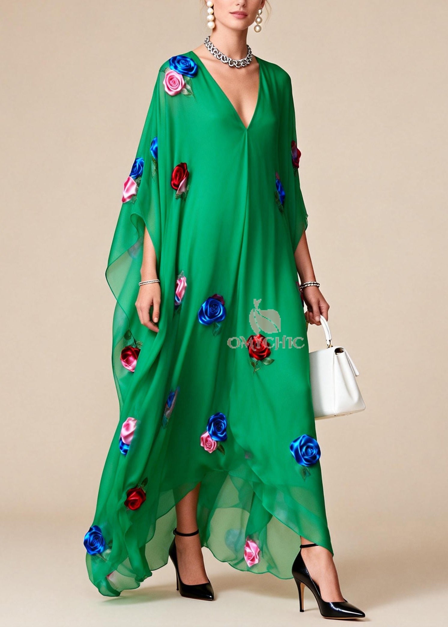 Fitted Tea Green Oversized Floral Chiffon Maxi Dress Summer