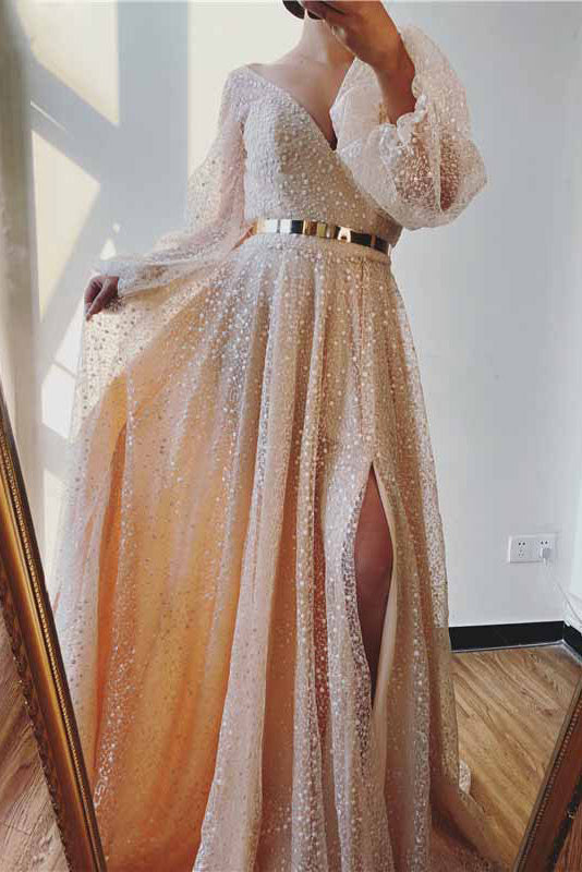 Floor Length Plunging A-Line Long Sleeve Prom Dress - Fashionpara