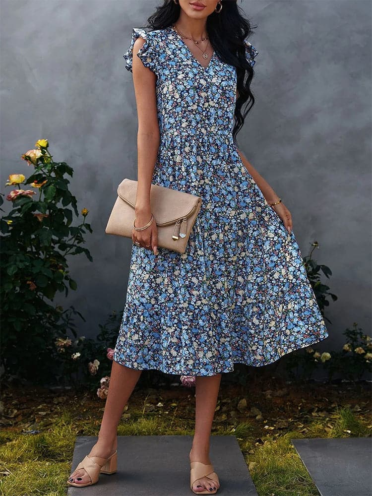 Floral Print Women Summer Sleeveless VNeck Dress
