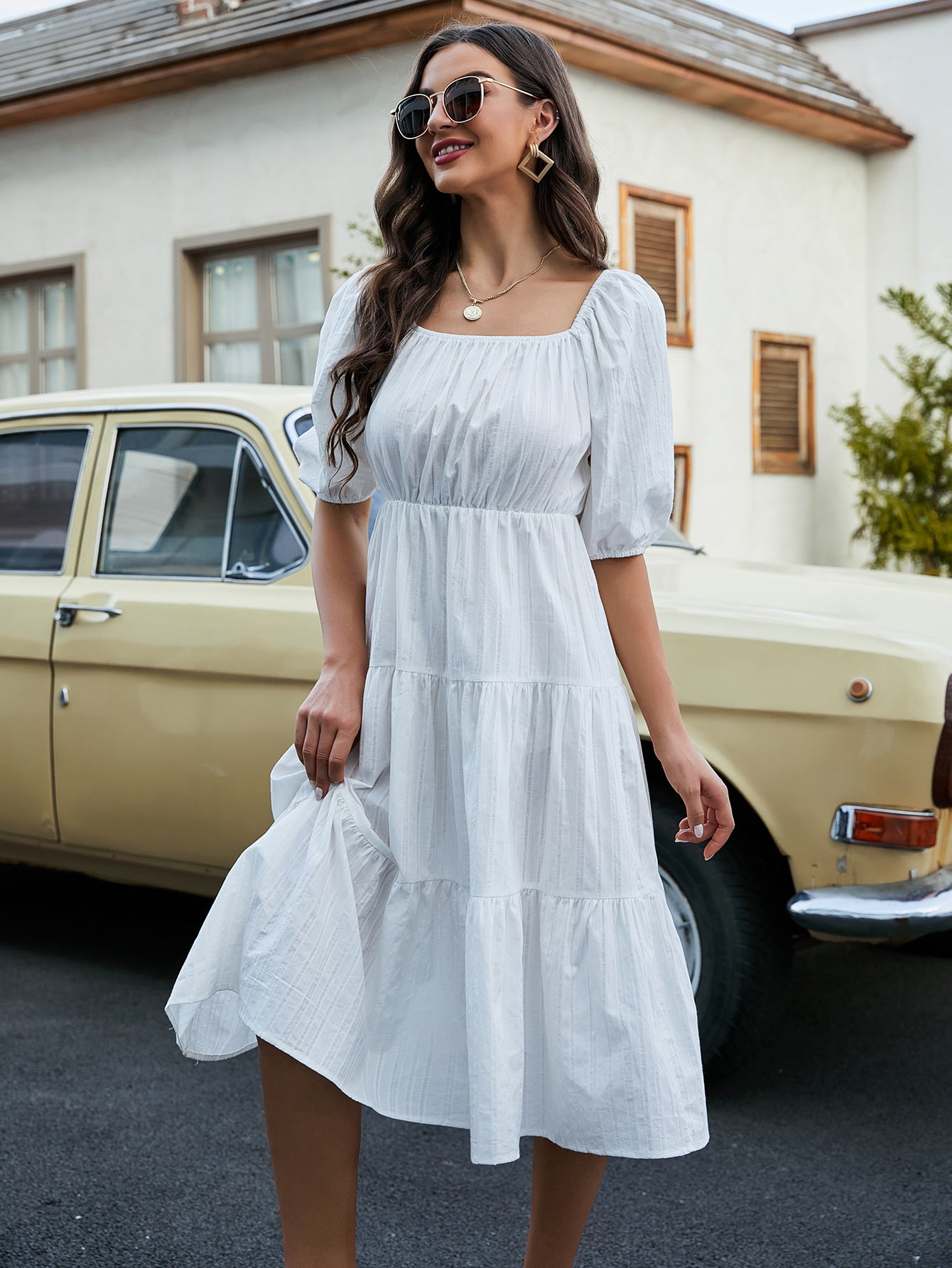 Floral Puff Sleeve Flare Hem Dress