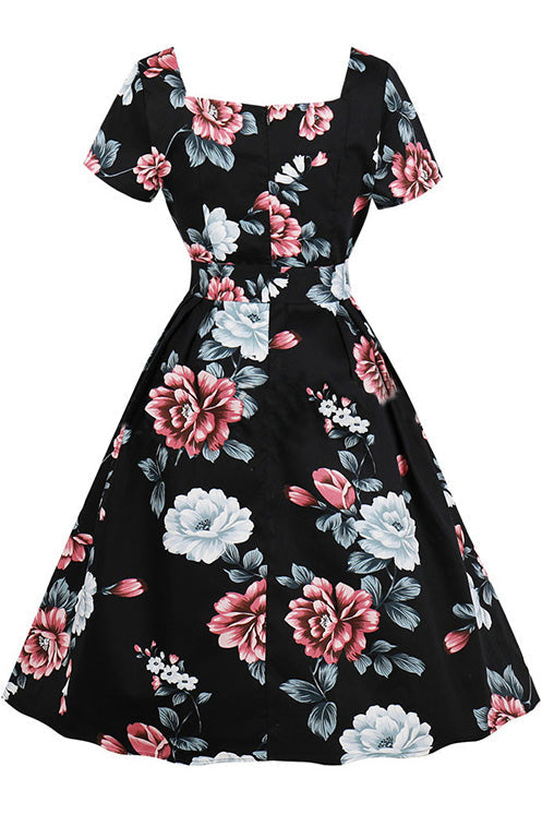Floral Square Neck Belt Vintage Dress - Fashionpara