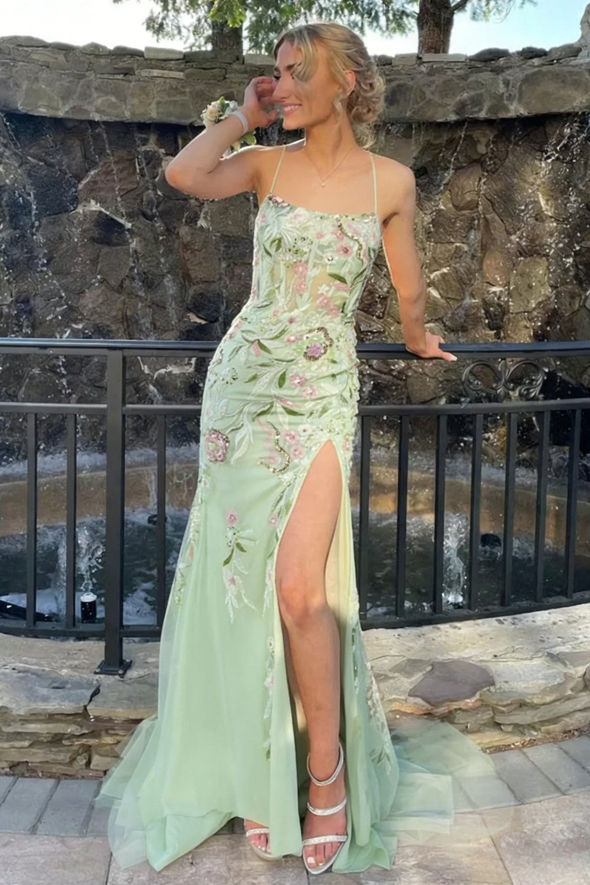 Beautiful Mermaid Spaghetti Straps Sage Corset Prom Dress with Floral High Slit - FashionDia