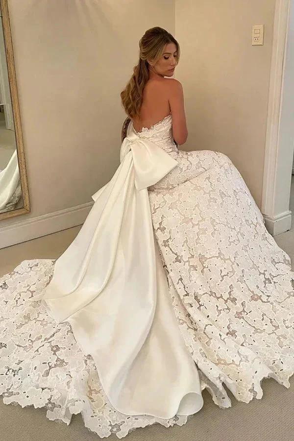 Floral Lace Strapless A Line Boho Ivory Wedding Dress with Satin Bowtie (ZD16180)
