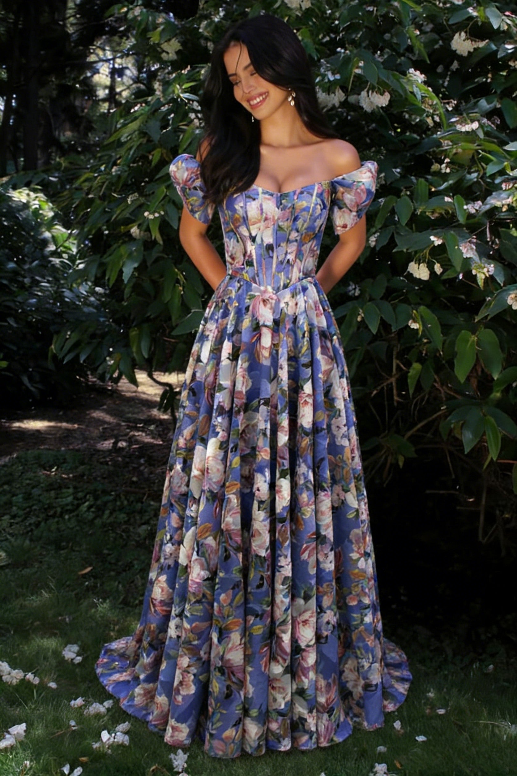 Elegant A Line Off-Shoulder Floral Printed Blush Corset Prom Dress with Puff Sleeves