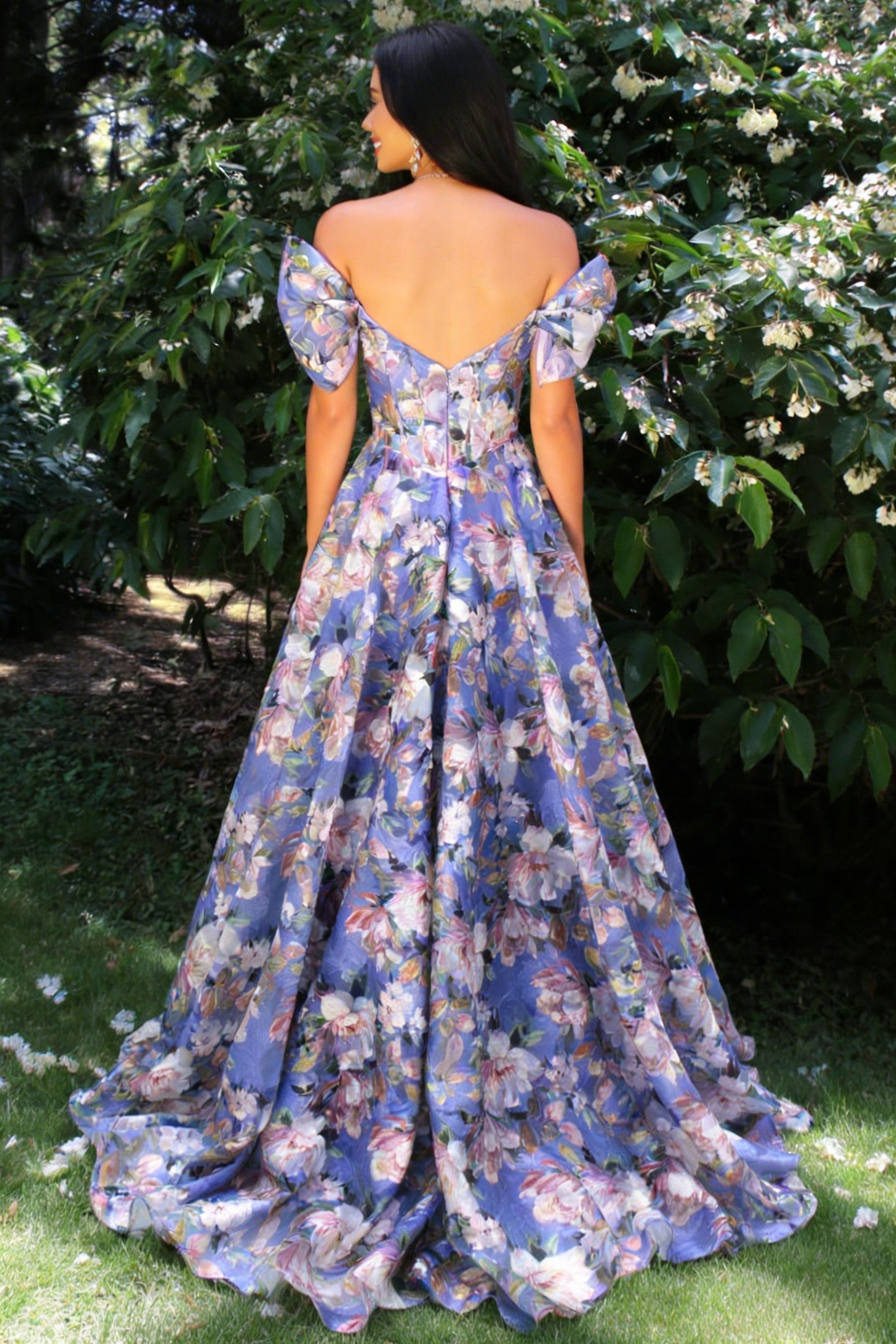 Elegant A Line Off-Shoulder Floral Printed Blush Corset Prom Dress with Puff Sleeves