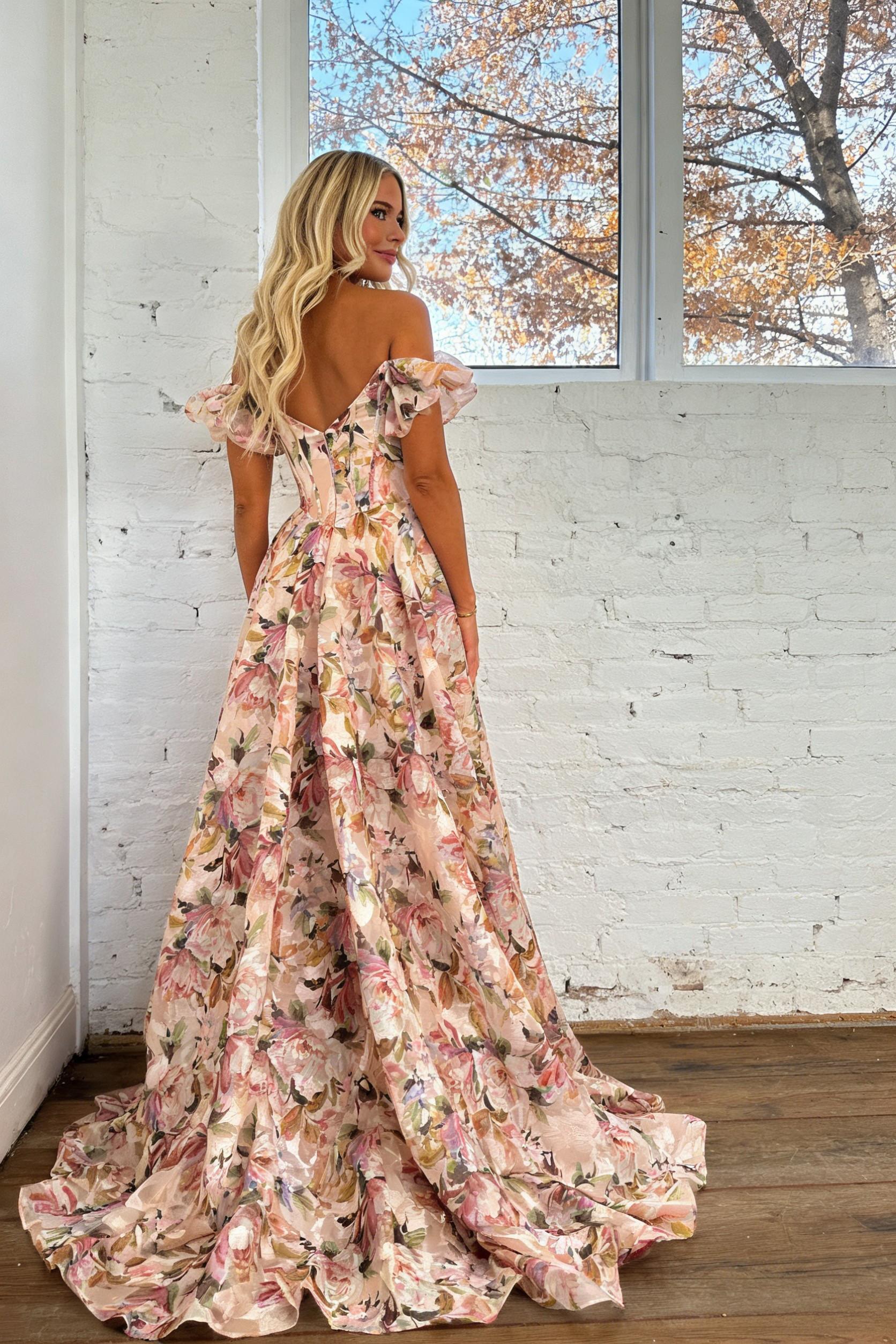Elegant A Line Off-Shoulder Floral Printed Blush Corset Prom Dress with Puff Sleeves