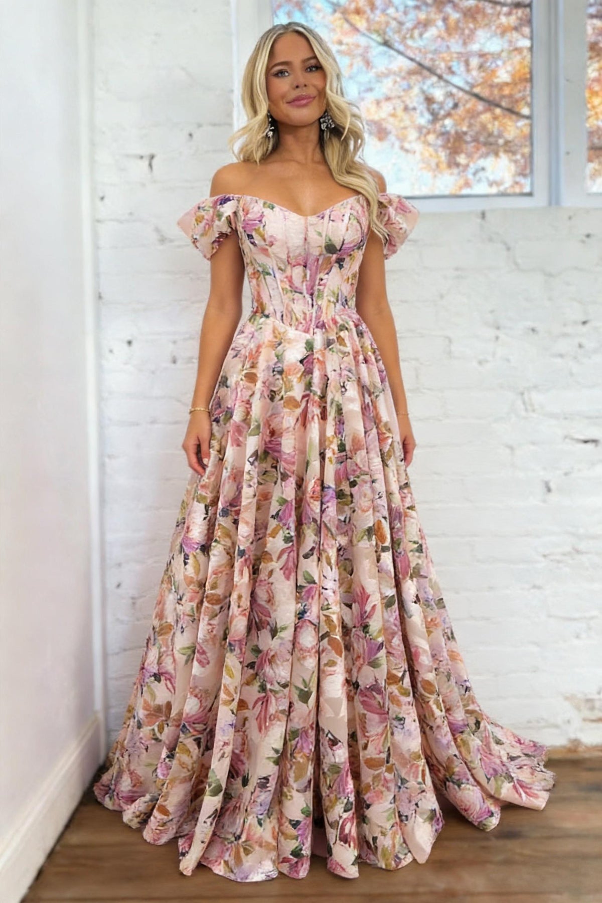 Elegant A Line Off-Shoulder Floral Printed Blush Corset Prom Dress with Puff Sleeves - FashionDia