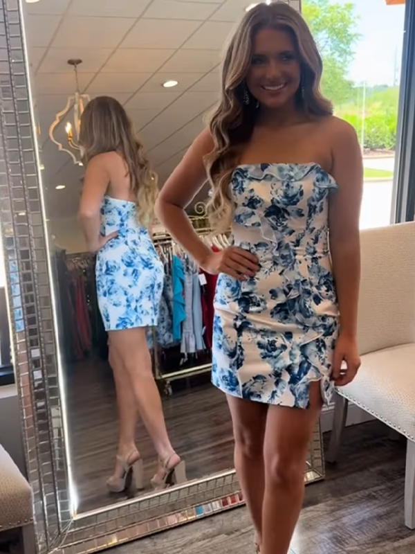 Floral Bodycon Strapless Short Homecoming Dress with Ruffles