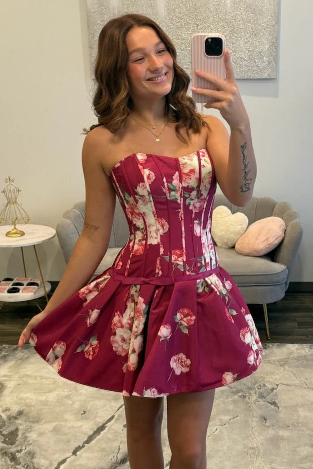 Pretty A Line Sweetheart Yellow Printed Corset Homecoming Dress with Bowknot