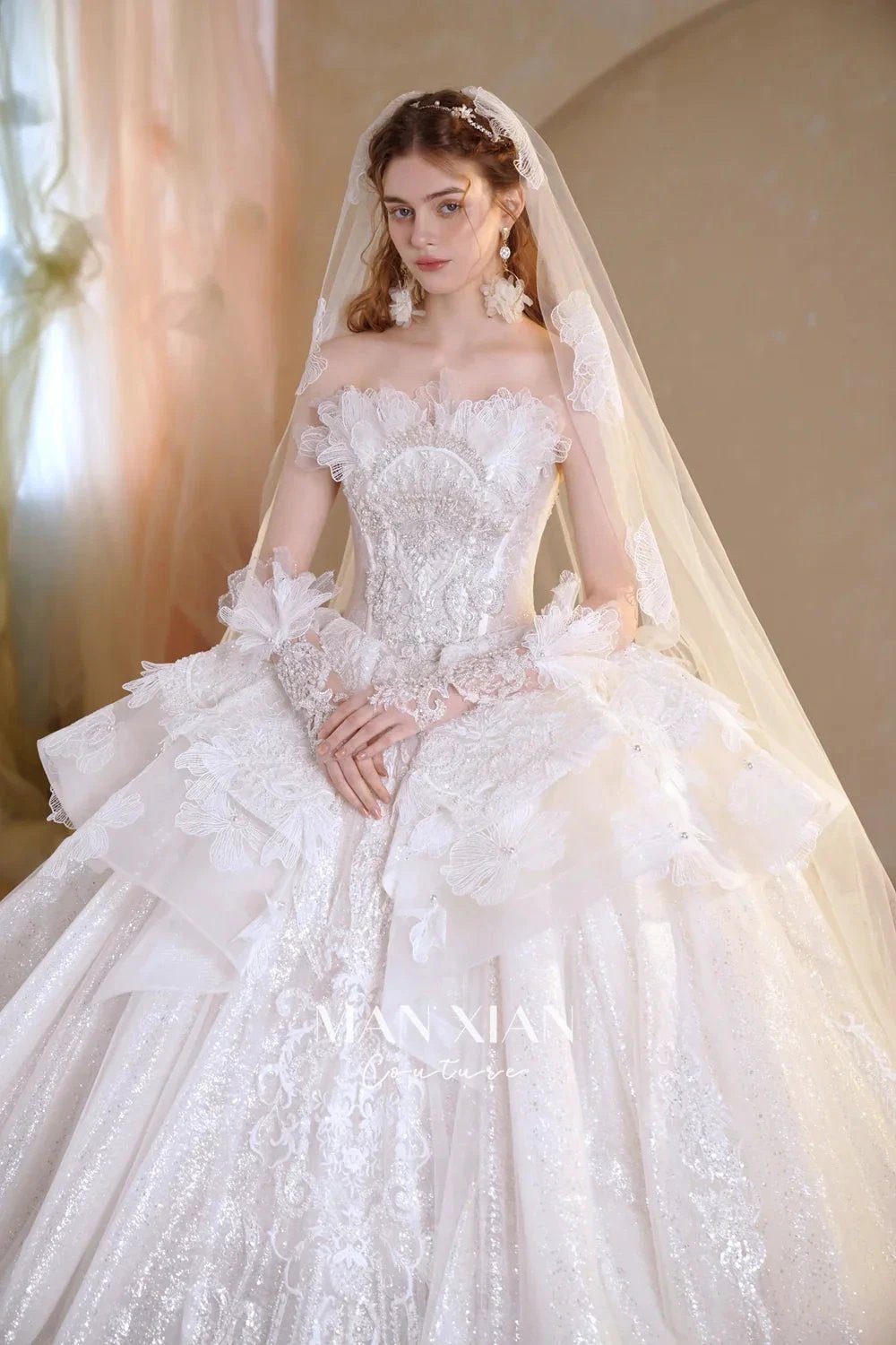 Luminous Ivory Off-Shoulder Glitter Tulle Ball Gown with 3D Floral Lace & Train (ZD16936)