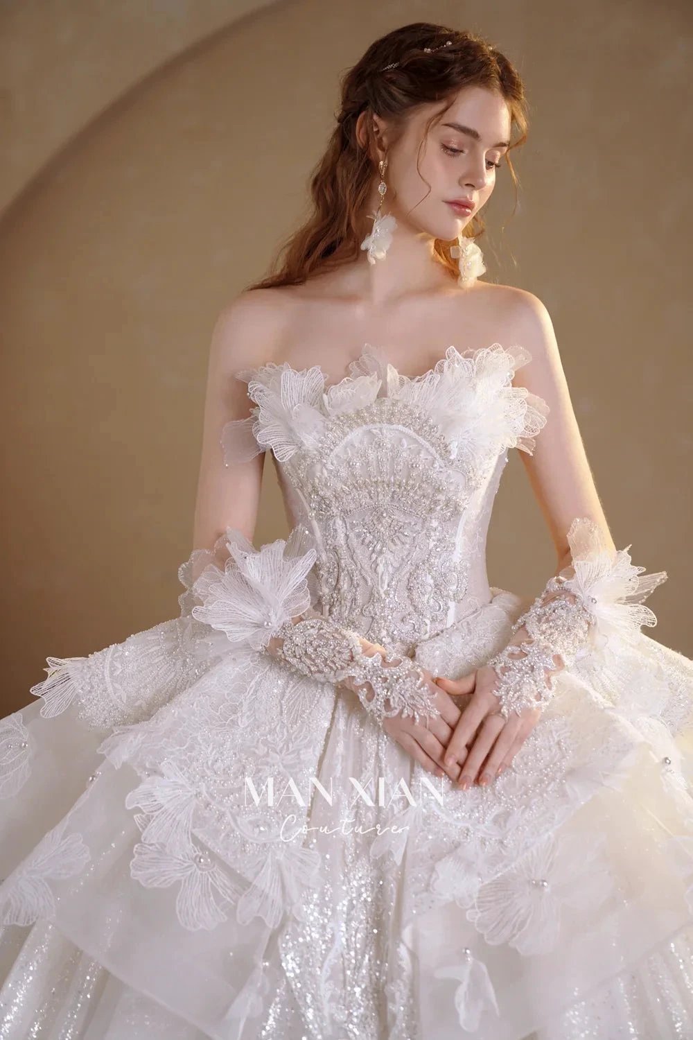 Luminous Ivory Off-Shoulder Glitter Tulle Ball Gown with 3D Floral Lace & Train (ZD16936)