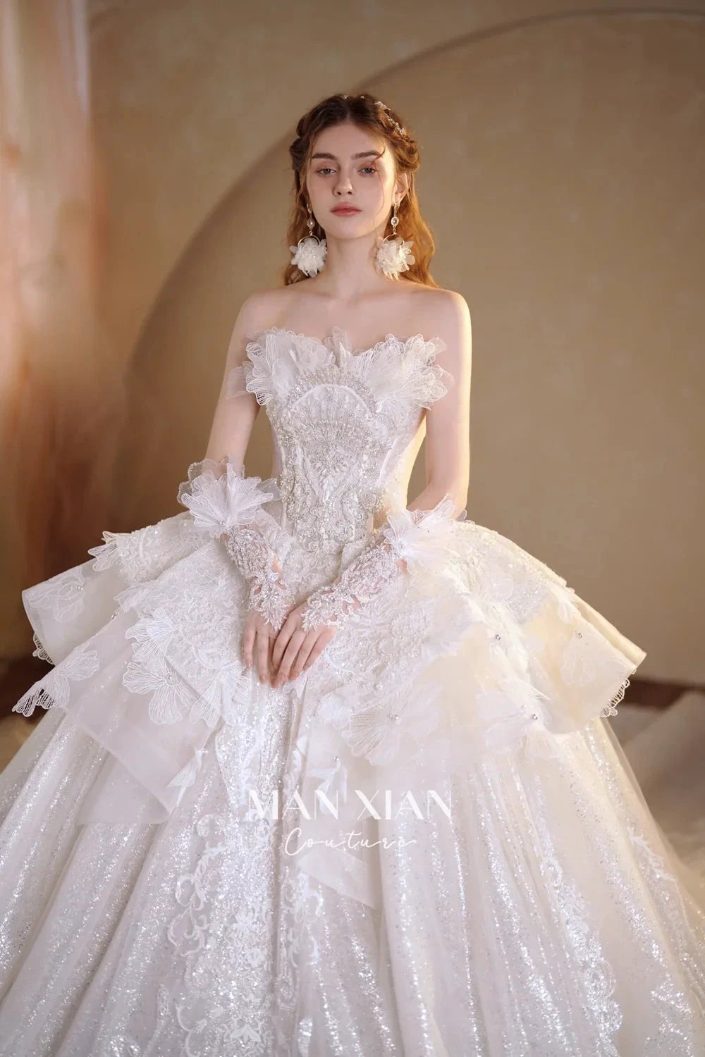 Luminous Ivory Off-Shoulder Glitter Tulle Ball Gown with 3D Floral Lace & Train (ZD16936)
