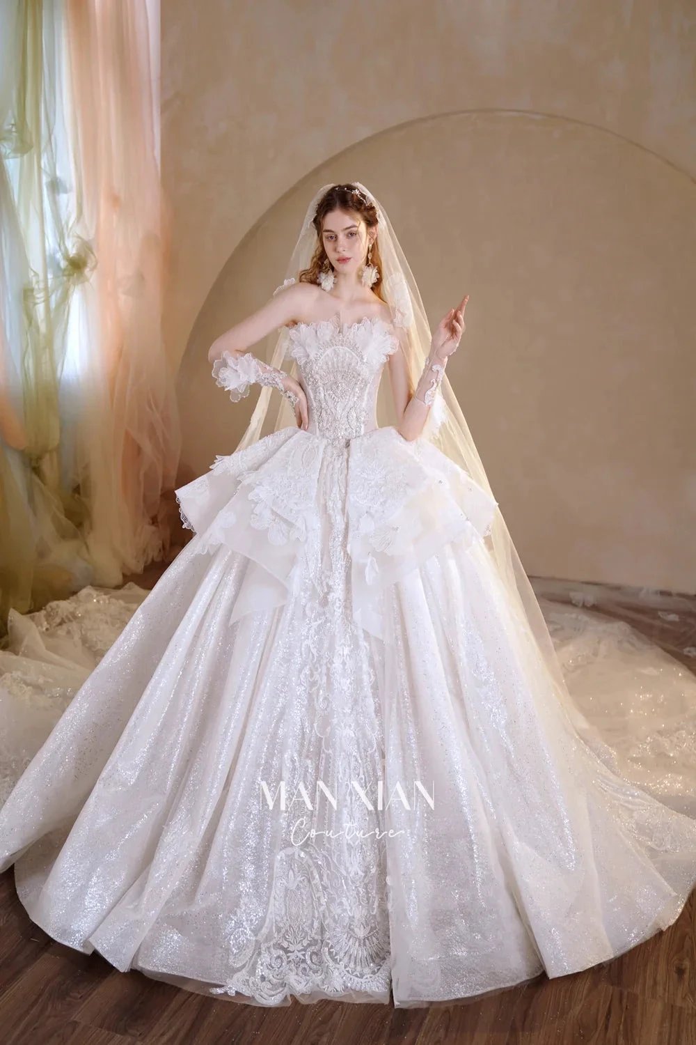 Luminous Ivory Off-Shoulder Glitter Tulle Ball Gown with 3D Floral Lace & Train M021 by ZAPDRESS
