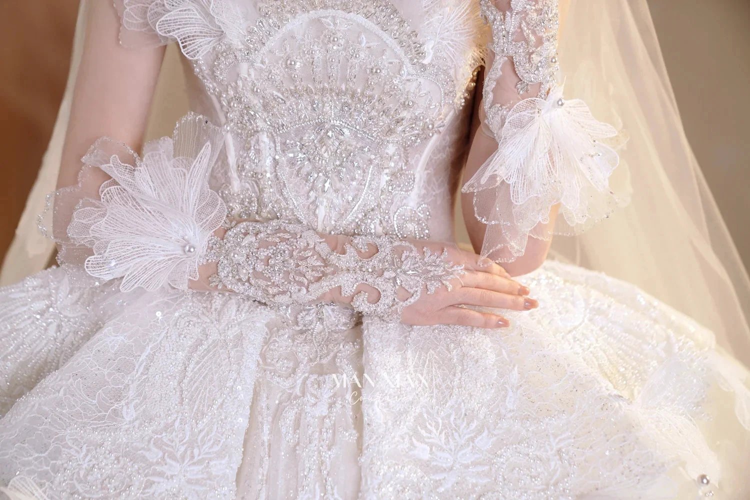 Luminous Ivory Off-Shoulder Glitter Tulle Ball Gown with 3D Floral Lace & Train (ZD16936)