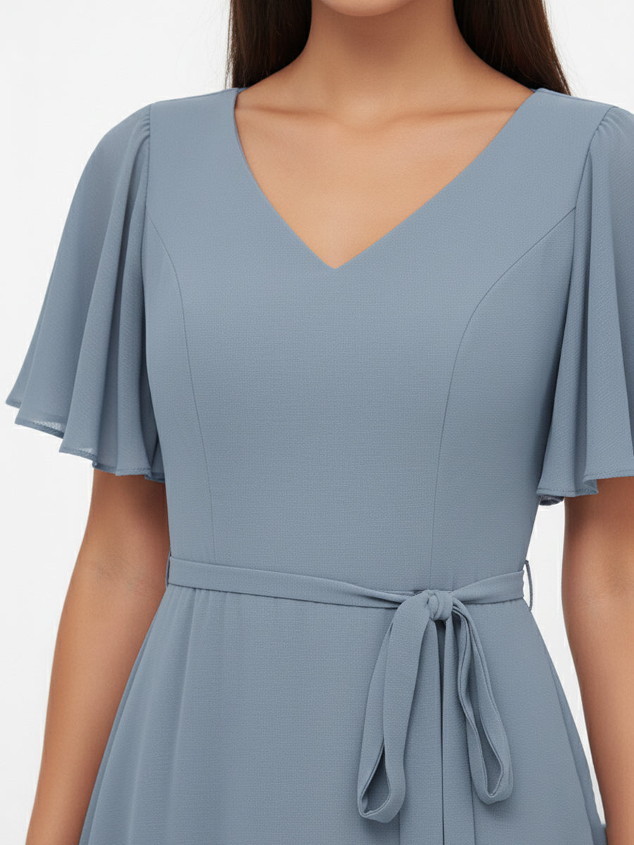 Flutter Sleeves Chiffon V-Neck Maxi Dresses with Sash Bow - View 4 | FashionDia