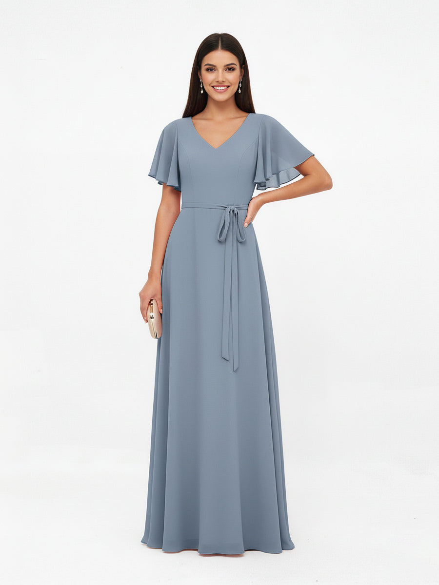 Flutter Sleeves Chiffon V-Neck Maxi Dresses with Sash Bow - View 3 | FashionDia