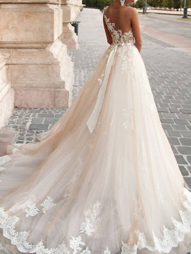 Formal A-Line Wedding Dress Jewel Lace Tulle Sleeveless Sexy See-Through Bridal Gowns with Sweep Train