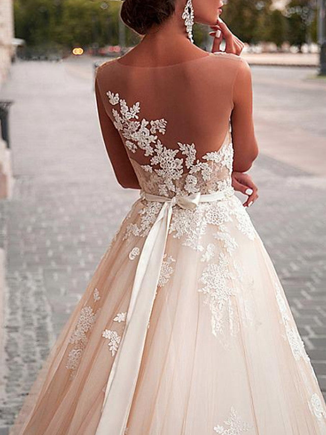 Formal A-Line Wedding Dress Jewel Lace Tulle Sleeveless Sexy See-Through Bridal Gowns with Sweep Train