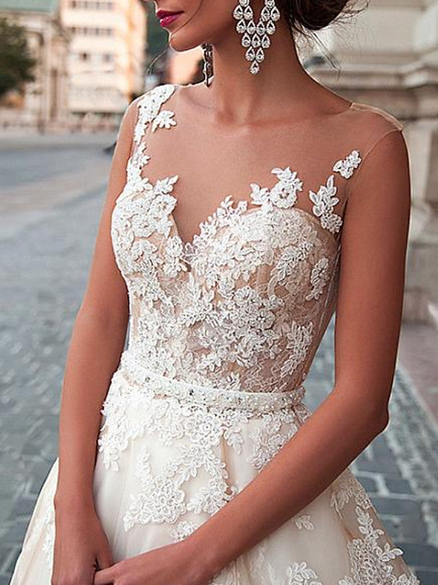Formal A-Line Wedding Dress Jewel Lace Tulle Sleeveless Sexy See-Through Bridal Gowns with Sweep Train