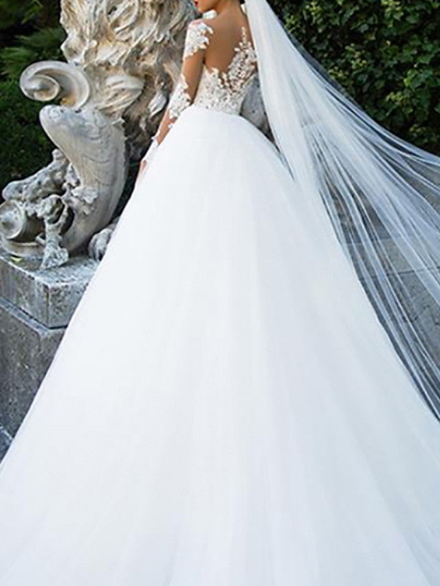 Formal Ball Gown A-Line Wedding Dress Jewel Lace Tulle Long Sleeve Sexy See-Through Backless Bridal Gowns with Sweep Train