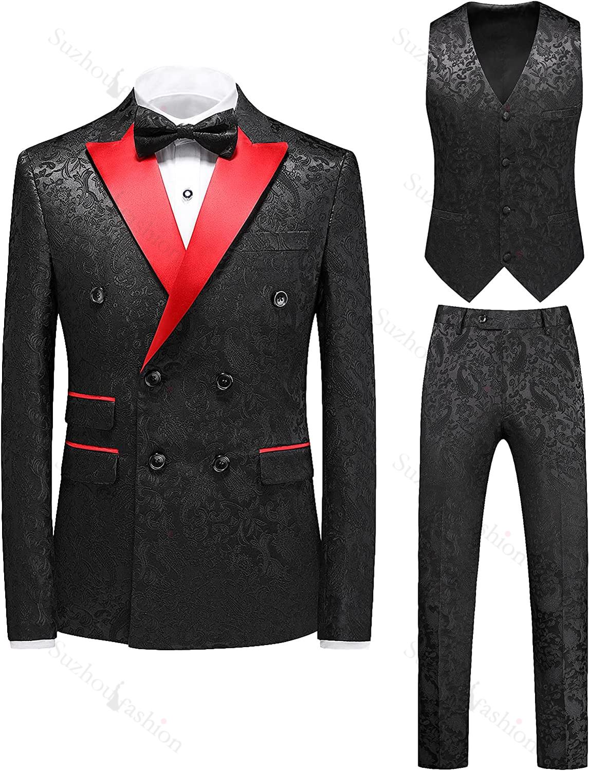 Formal Black Jacquard Double Breasted 3 Piece Prom Suit