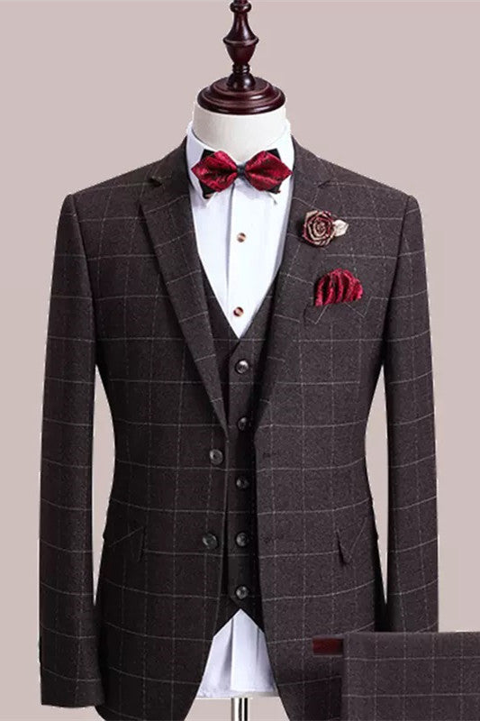 Formal Brown Plaid 3 Piece Men's Business Suit