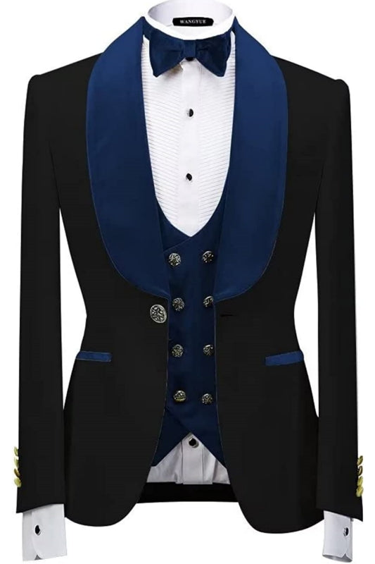 Formal Navy Blue Shawl Lapel 3 Piece Velvet Wedding Suit