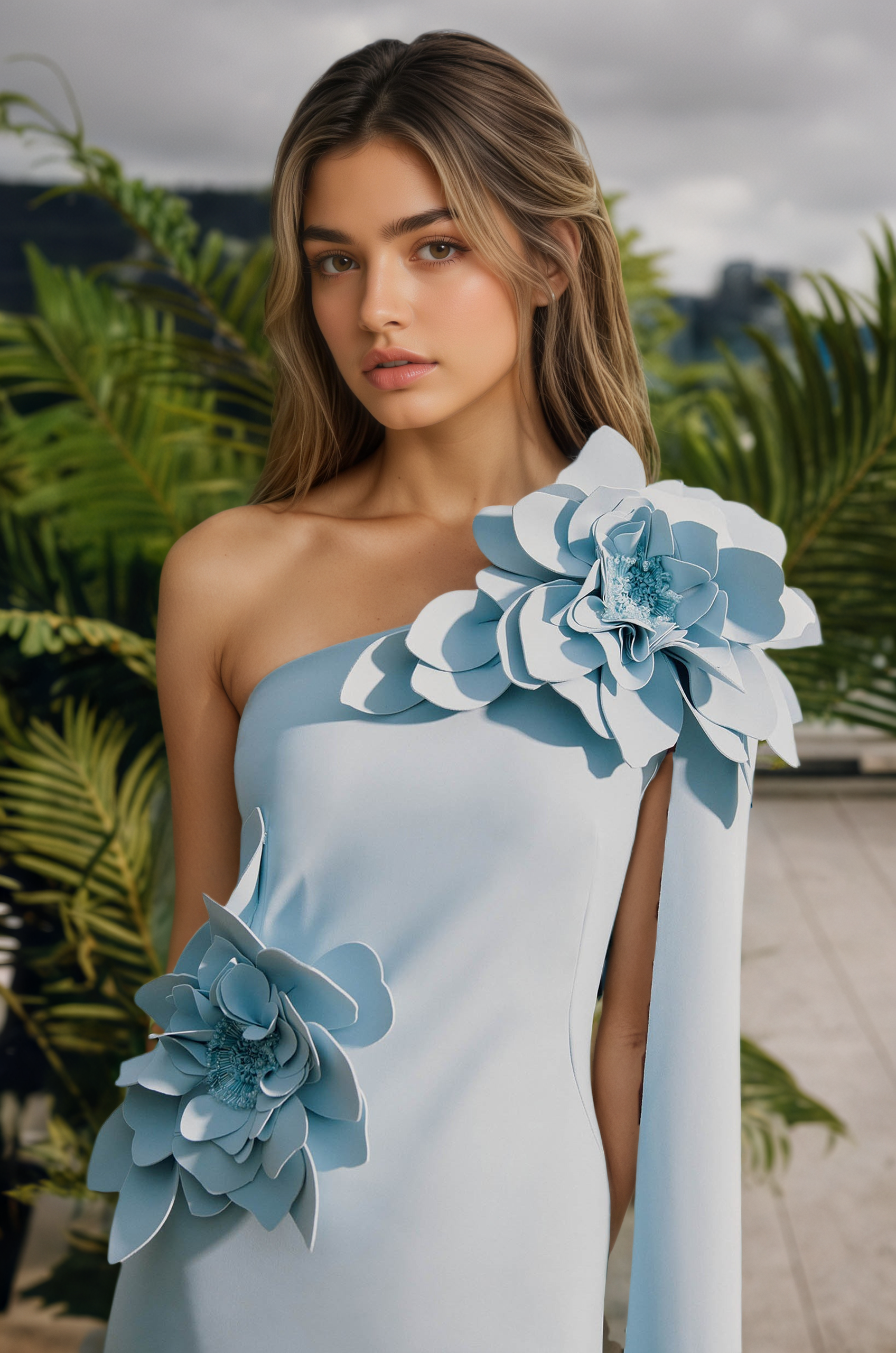 Sky Blue One-Shoulder Formal Gown with Applique Flowers