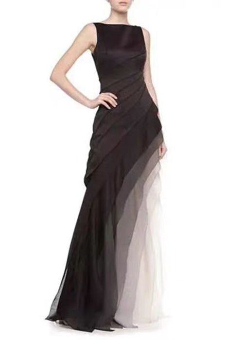 French Black High Waist Patchwork Tulle Maxi Dresses Summer
