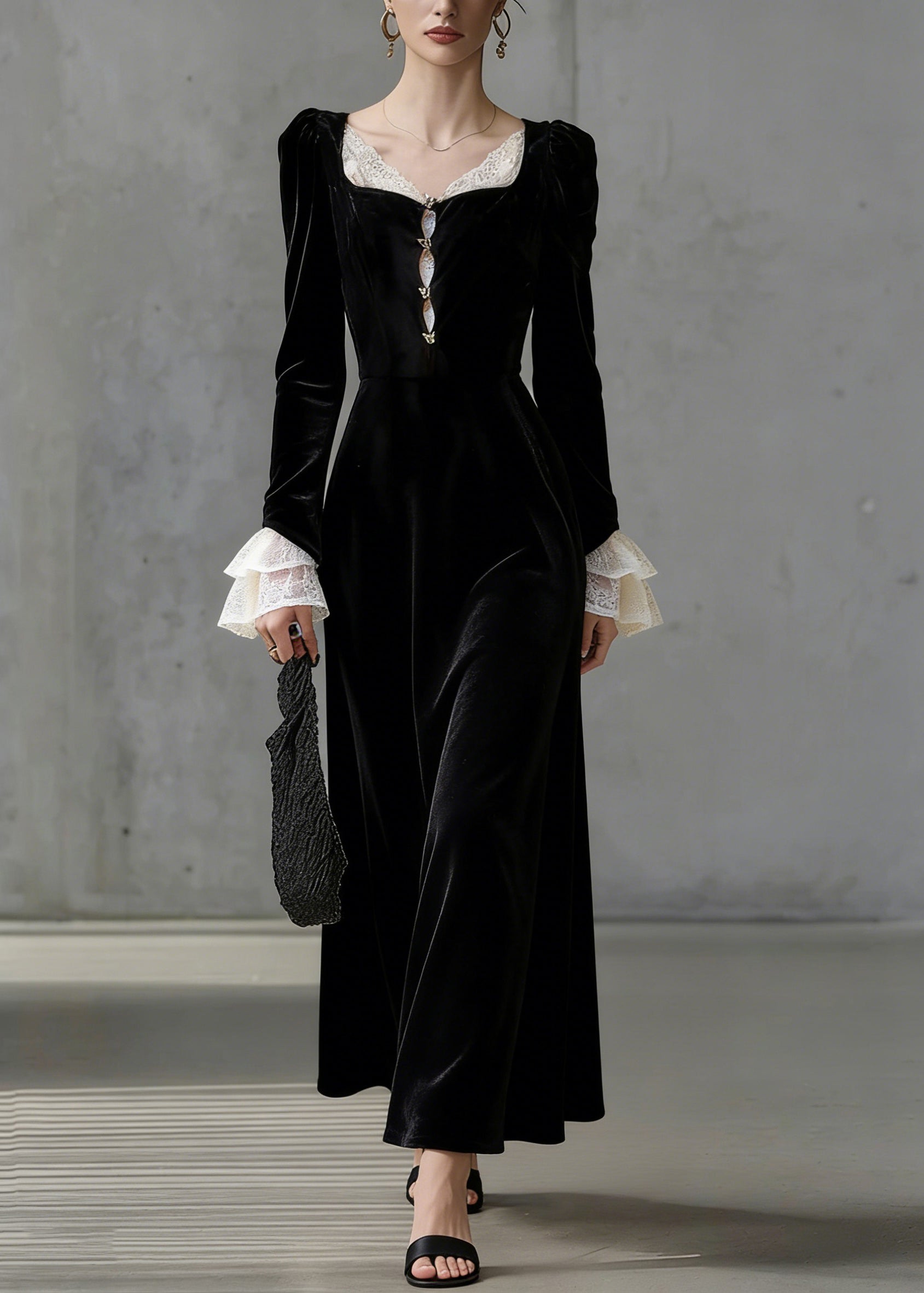 French Black Square Collar Lace Patchwork Silk Velvet Long Dress Flare Sleeve