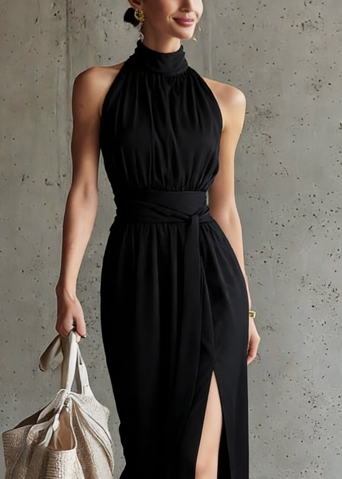 French Black Stand Collar Tunic Solid Maxi Dress Summer