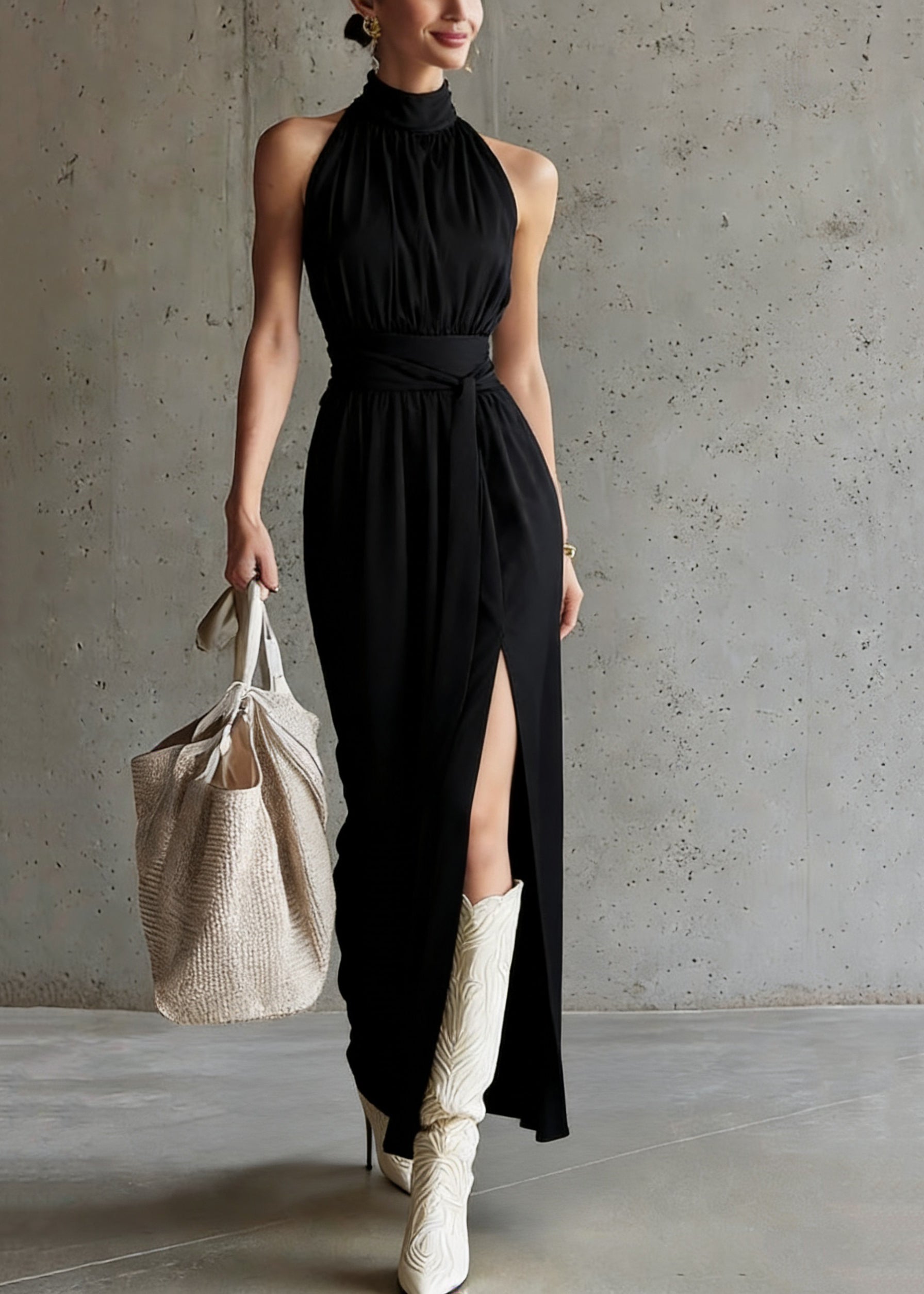French Black Stand Collar Tunic Solid Maxi Dress Summer