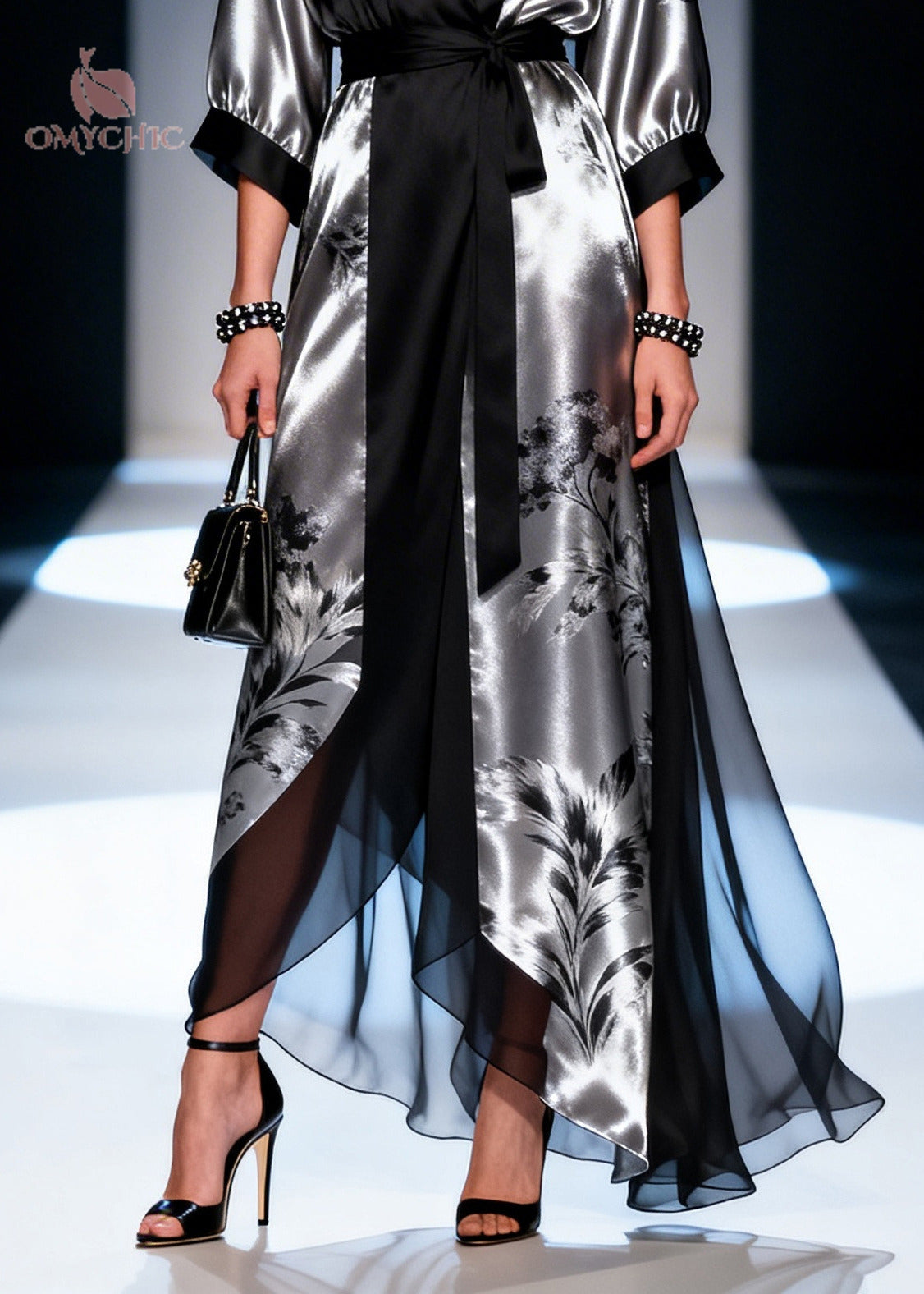 French Black Tie Waist Patchwork Chiffon Long Dress Summer