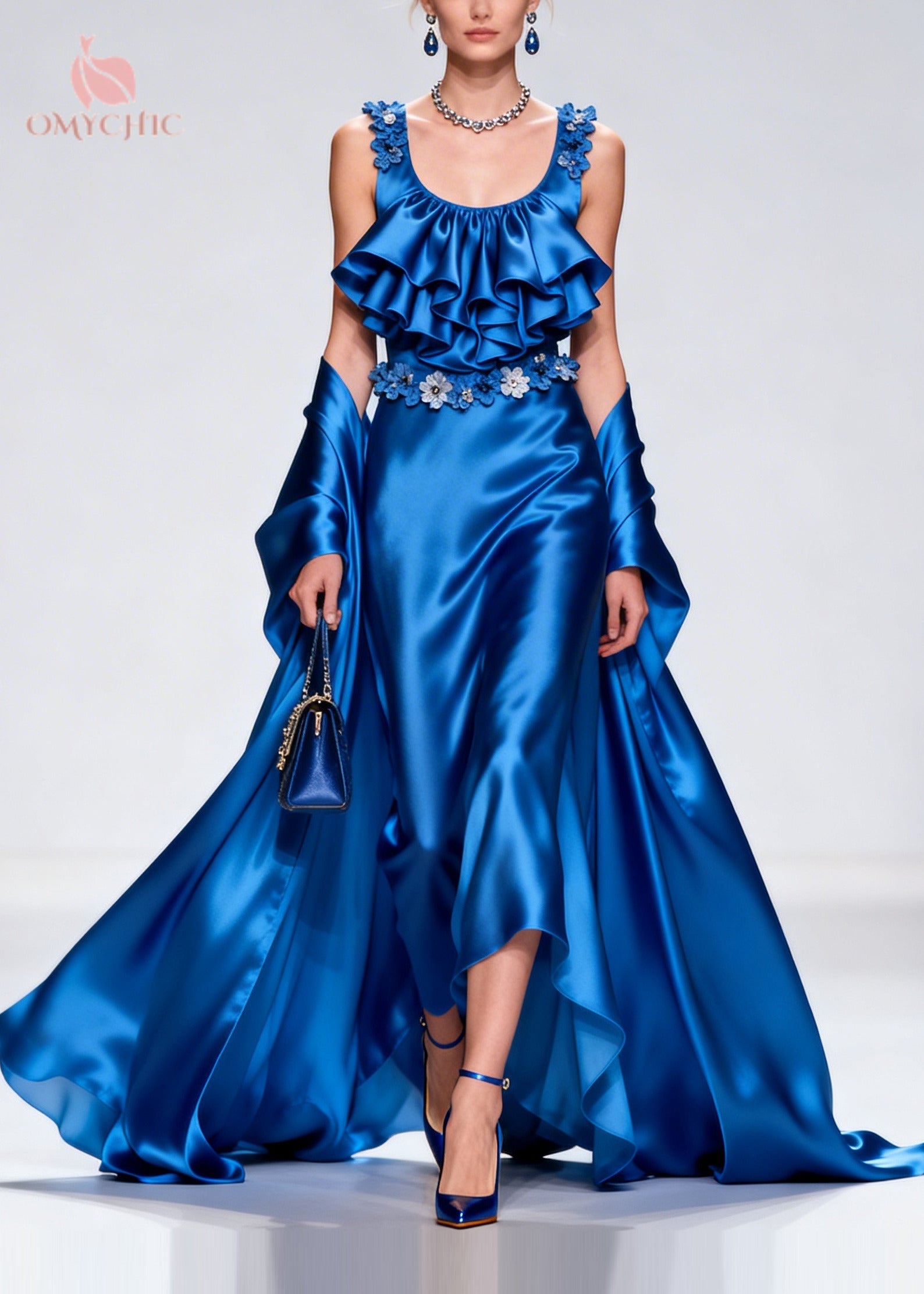 French Blue Ruffled Exra Large Hem Silk Party Dresses Summer