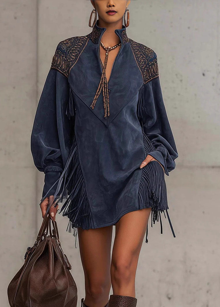 French Blue Tasseled Embroidered Patchwork Faux Suede Dresses Fall