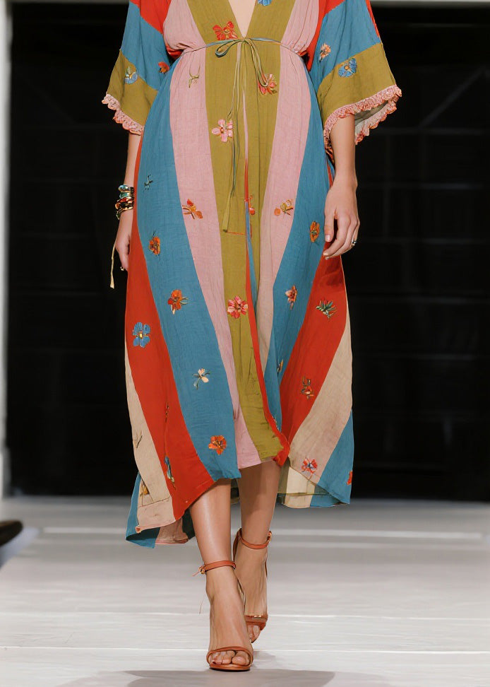 French Colorblock V Neck Floral Patchwork Cotton Dress Summer
