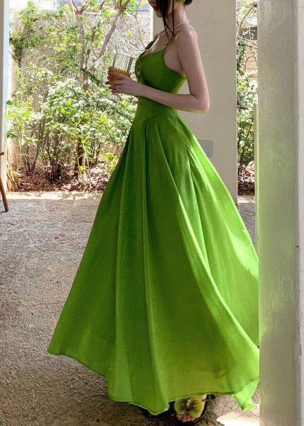 French Green Floral Hollow Out Patchwork Flattering Maxi Spaghetti Strap Dresses Sleeveless