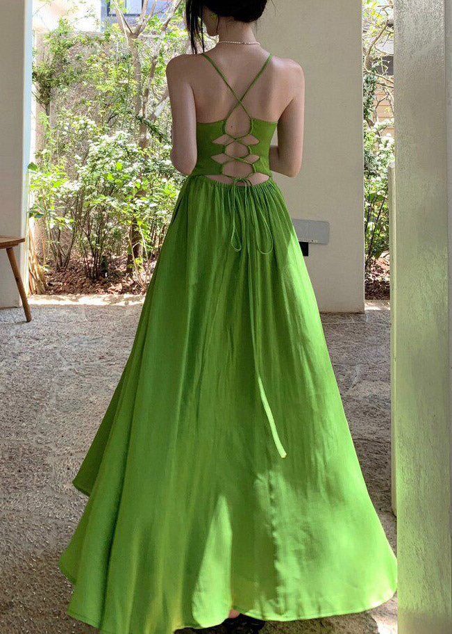 French Green Floral Hollow Out Patchwork Flattering Maxi Spaghetti Strap Dresses Sleeveless