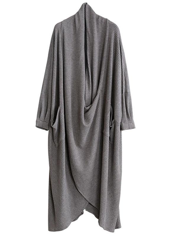 French Grey Pockets Asymmetrical Design Fall Long Sleeve Dress